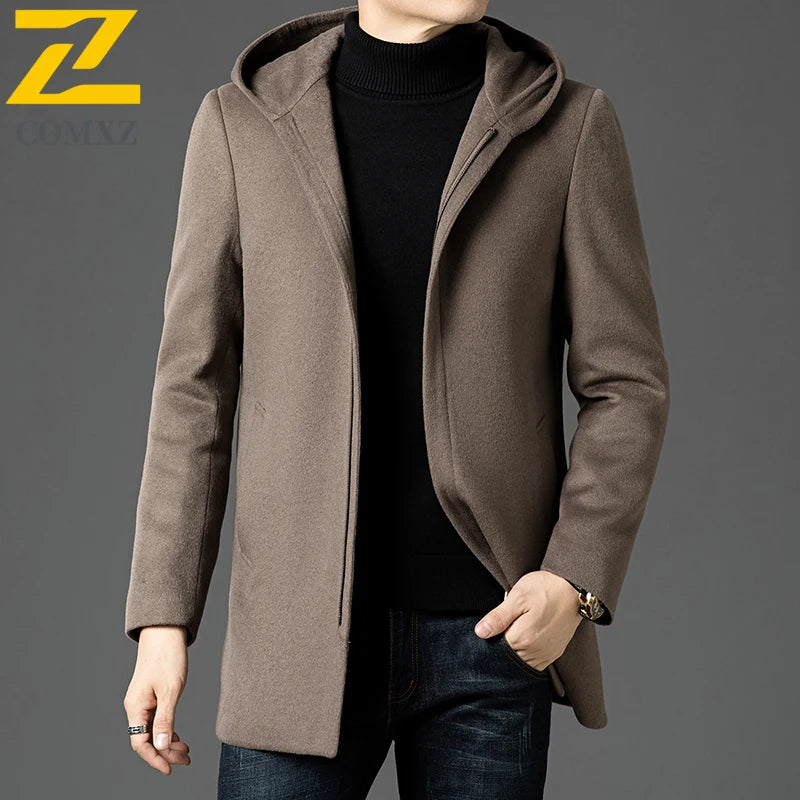 Abrigo largo de lana para hombre COMXZ, colección invierno 2025, gabardina de cachemir de diseño, chaqueta con capucha y forro de plumón de pato blanco, abrigo de lana de lujo