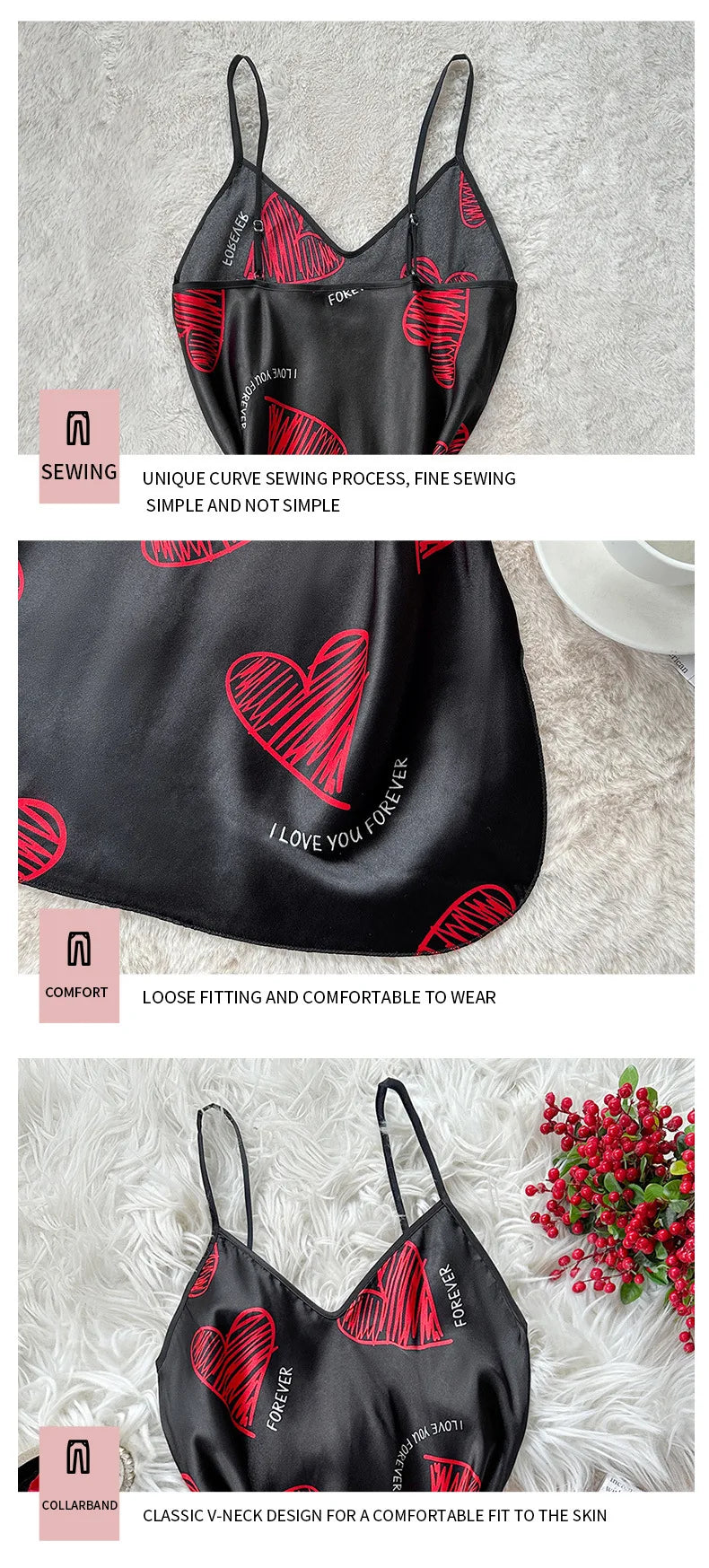 Camisón de satén con estampado de labios rojos para San Valentín, minivestido de dormir sin espalda y cuello en V para mujer