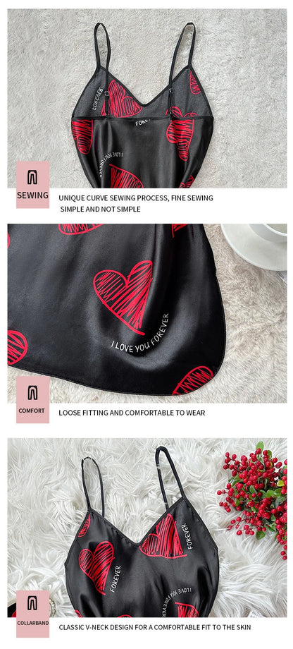 Camisón de satén con estampado de labios rojos para San Valentín, minivestido de dormir sin espalda y cuello en V para mujer