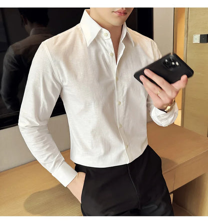 Camisa de hombre de color liso de alta calidad, 55 % algodón y 45 % lino, transpirable y con absorción de sudor, de manga larga. Tallas M-4XL.