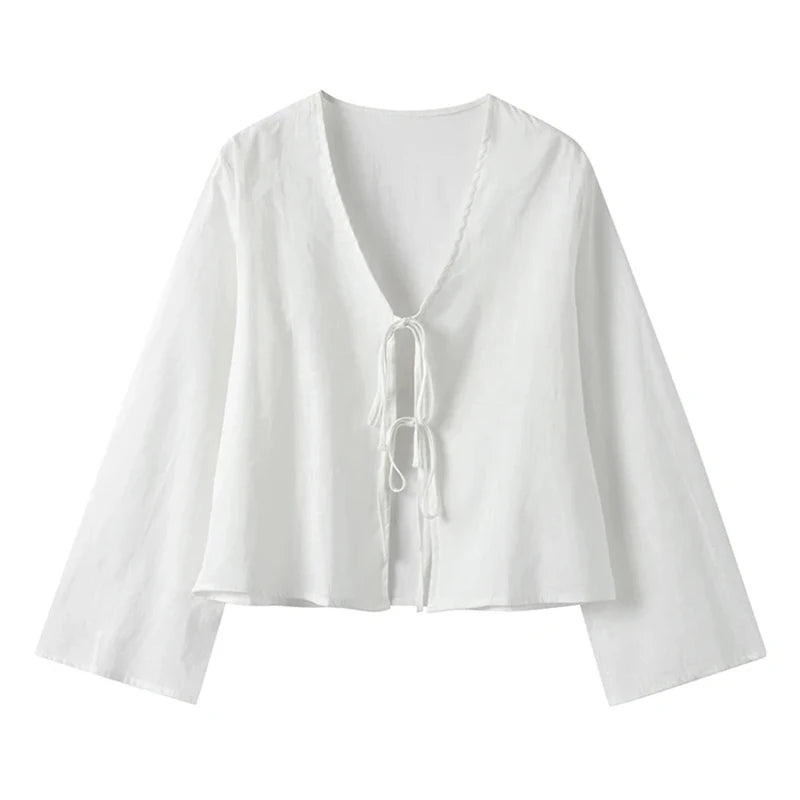 C.New S Camisas de lino y algodón con lazo y cordones para mujer, blusas holgadas de manga larga con cuello en V y aberturas para mujer, ropa de calle nueva de primavera 2024