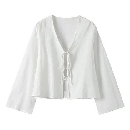 C.New S Camisas de lino y algodón con lazo y cordones para mujer, blusas holgadas de manga larga con cuello en V y aberturas para mujer, ropa de calle nueva de primavera 2024
