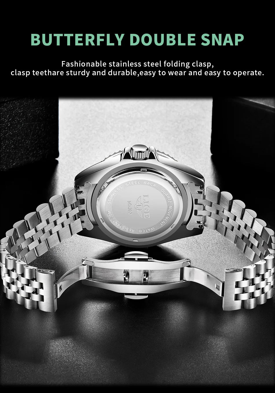 Reloj de lujo LIGE para hombre, reloj de cuarzo con esfera engastada de diamantes, resistente al agua, calendario, mariposa, doble cierre, acero inoxidable.