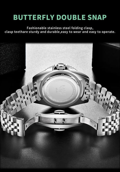 Reloj de lujo LIGE para hombre, reloj de cuarzo con esfera engastada de diamantes, resistente al agua, calendario, mariposa, doble cierre, acero inoxidable.