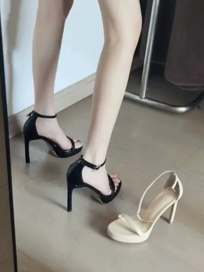 Sandalias elegantes y sexys de tacón alto para mujer, zapatos de verano con punta abierta, suela de goma y punta redonda, estilo coreano, 2025