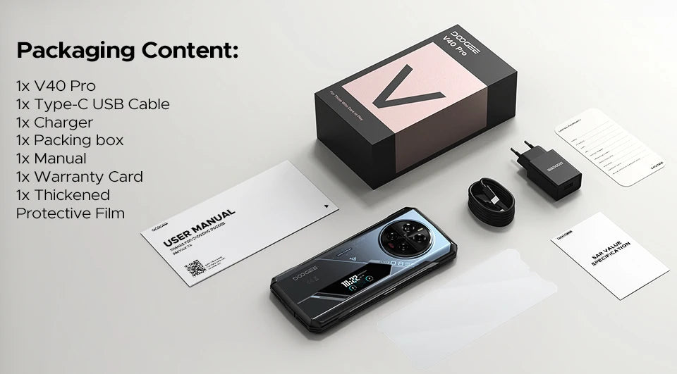 Teléfono robusto DOOGEE V40 Pro 5G versión global, pantalla de 6,78", 16 GB + 512 GB, dimensiones 7300, cámara con IA de 200 MP, 8680 mAh, cargador rápido de 33 W.