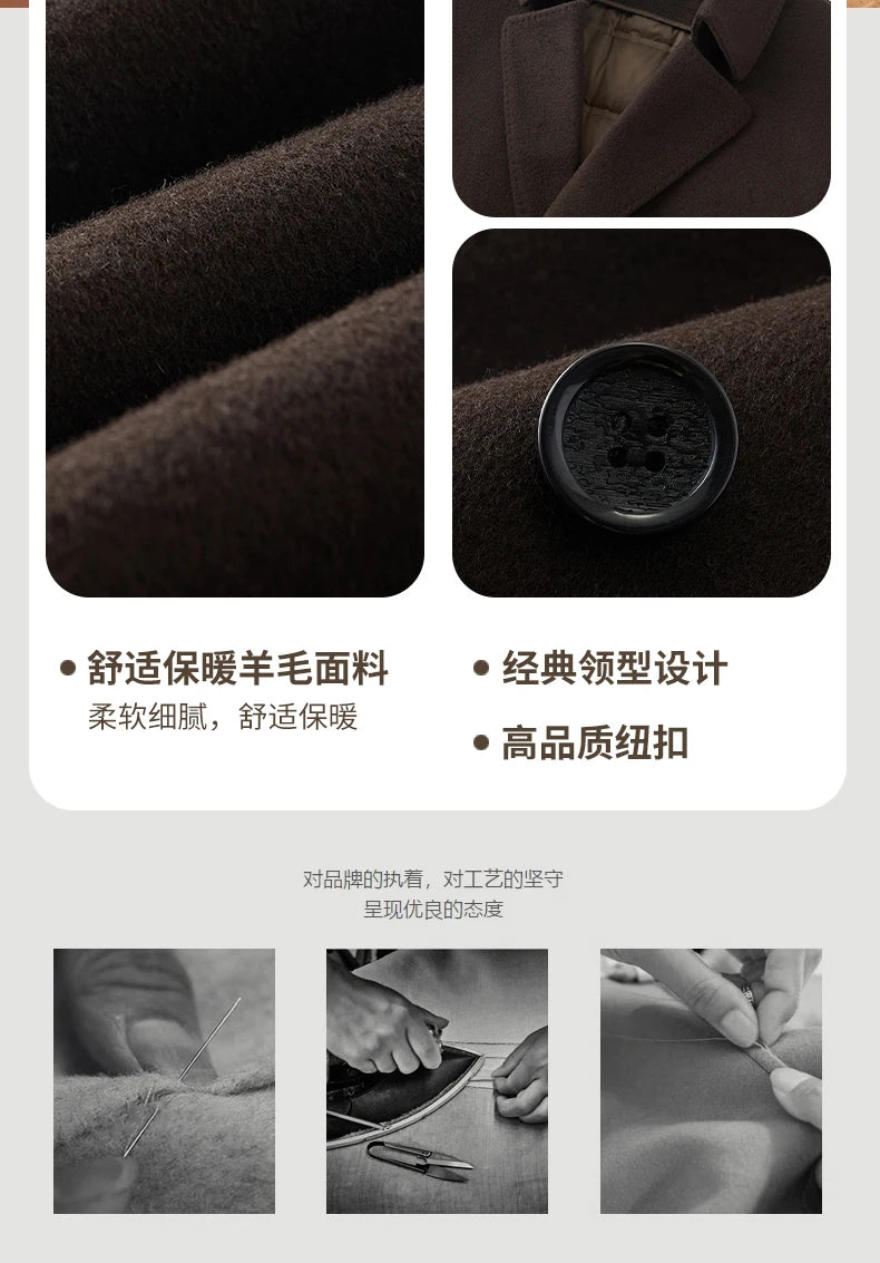 Abrigo de lana de doble faz para hombre, suave y cálido, ideal como prenda esencial. Incluye chaleco de plumas y forro. Color negro café. Estilo clásico.