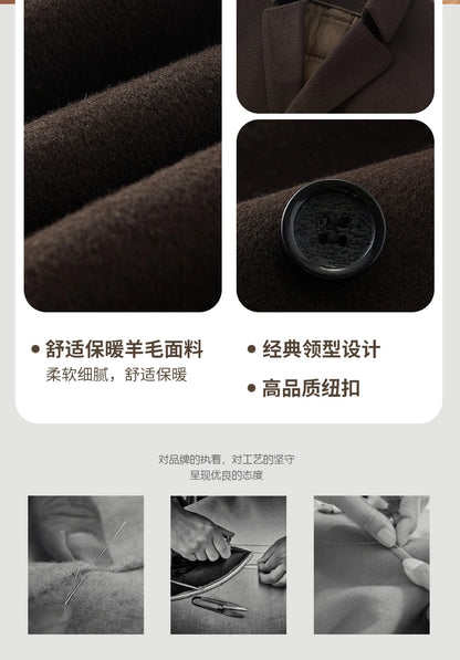 Abrigo de lana de doble faz para hombre, suave y cálido, ideal como prenda esencial. Incluye chaleco de plumas y forro. Color negro café. Estilo clásico.