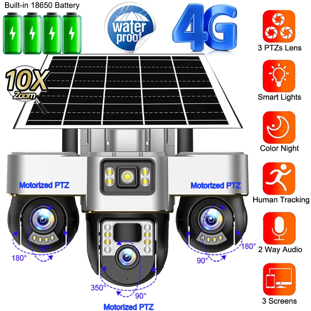 Cámara solar 4G con 3 PTZ, rotación automática, seguridad inteligente para exteriores, protección del hogar, detección humana PIR, seguimiento automático, cámaras de videovigilancia IP.