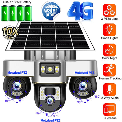 Cámara solar 4G con 3 PTZ, rotación automática, seguridad inteligente para exteriores, protección del hogar, detección humana PIR, seguimiento automático, cámaras de videovigilancia IP.