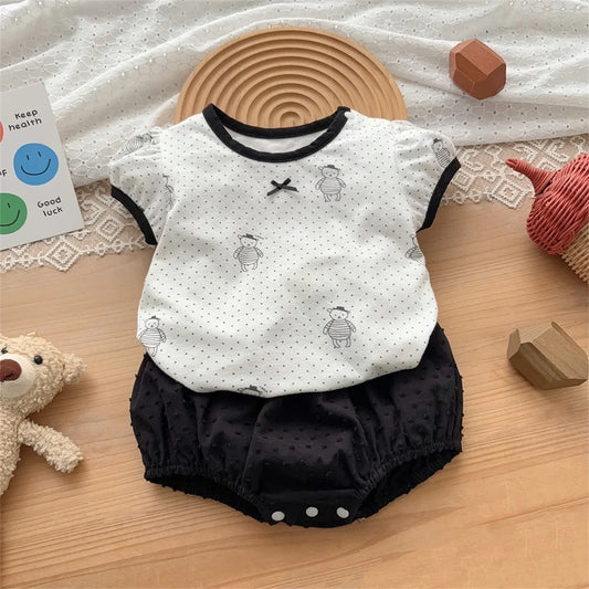 Ropa de bebé 2025, verano, para niñas de 1 a 3 años, conjunto informal de manga corta con dibujos animados para exteriores, conjunto fino de dos piezas