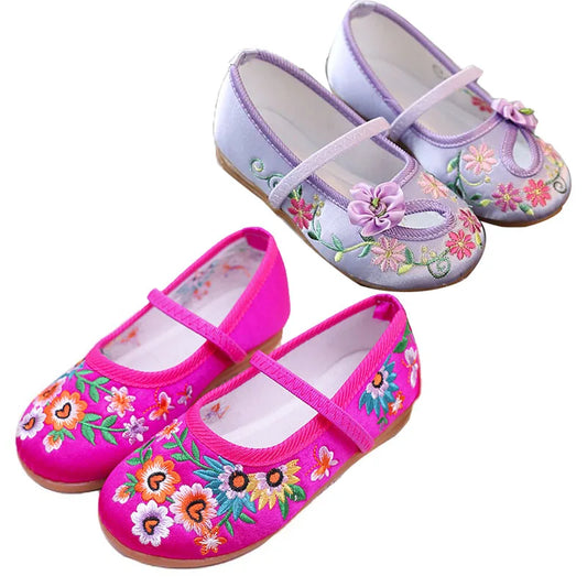 Zapatos planos con bordado floral para niñas, estilo chino, cómodos, protectores para pies, talla 25-34