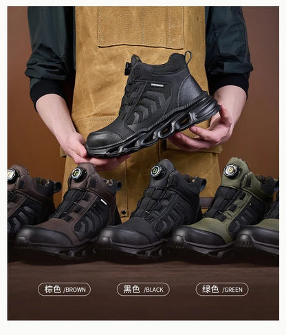 Zapatos de seguridad para hombre, de caña alta, universales para las cuatro estaciones, con hebilla giratoria antideslizante, puntera de acero, antiaplastamiento y antiperforación.
