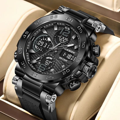 FOXBOX - Nuevo reloj deportivo para exteriores para hombre, reloj analógico digital de moda para negocios, reloj de pulsera de cuarzo con alarma resistente al agua y de silicona.