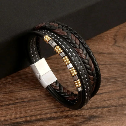 Brazalete punk multicapa de acero inoxidable, pulsera de cuero de alta calidad para hombres y mujeres, nuevo diseño de moda, joyería trenzada para mano masculina.