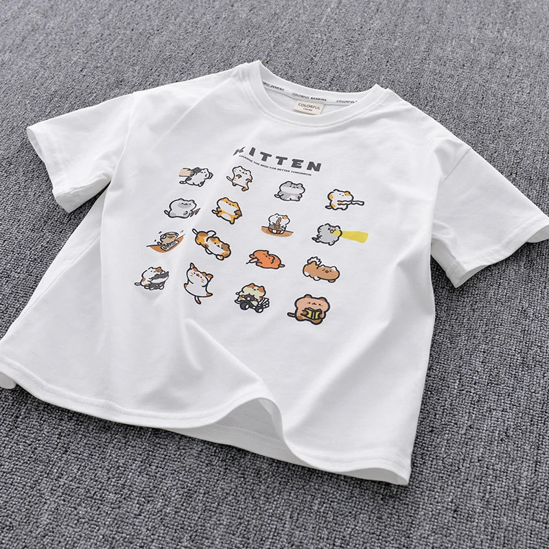 Ropa para niños 2025, artículo nuevo, camisa de manga corta con estampado de animales pequeños y algodón puro