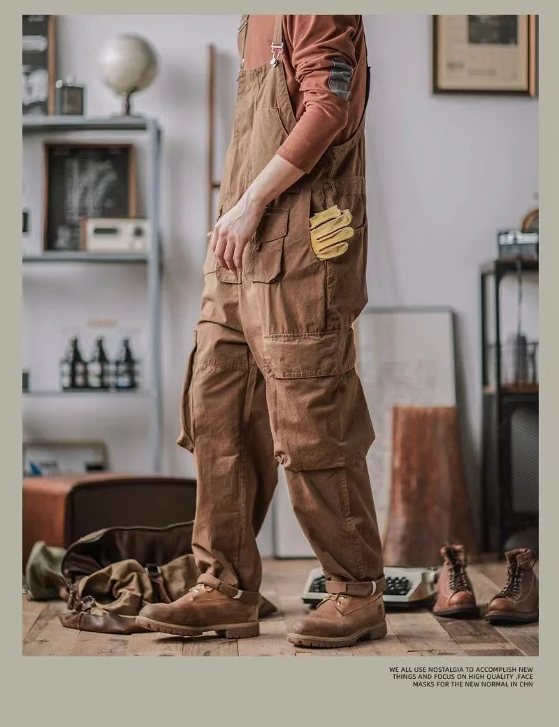 Retro American Cotton Overalls Bibs Loose Washing Jumpsuit Men's Suspenders Four Seasons Full Length Baggy Pants