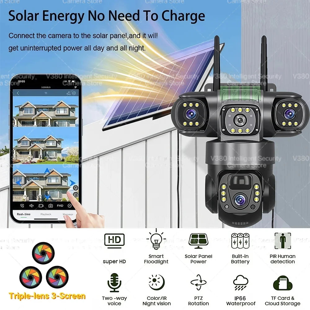 Cámara solar WiFi V380 Pro de 15 MP con 3 lentes, 3 pantallas, zoom 10x, detección de movimiento, resistente al agua, visión nocturna y protección CCTV.