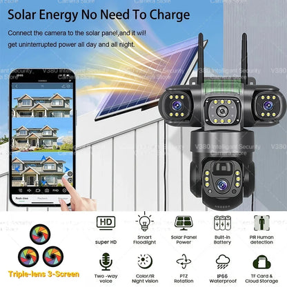 Cámara solar WiFi V380 Pro de 15 MP con 3 lentes, 3 pantallas, zoom 10x, detección de movimiento, resistente al agua, visión nocturna y protección CCTV.