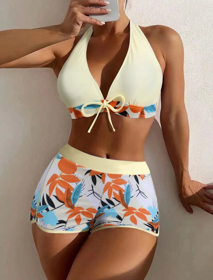 Conjunto de bikini con cuello halter y estampado sexy, traje de baño de cintura alta para mujer, recién llegado, gran oferta de la temporada, diseño dividido moderno