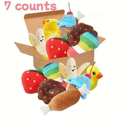 Un juego de 7 piezas de juguetes con sonido para cachorros, juguetes de peluche sueltos para masticar, bocadillos de frutas de peluche y juguetes de verduras para cachorros, adecuados para juegos lindos.