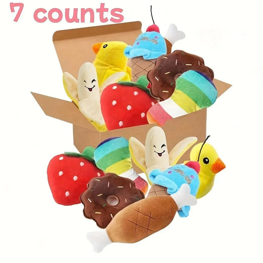 Un juego de 7 piezas de juguetes con sonido para cachorros, juguetes de peluche sueltos para masticar, bocadillos de frutas de peluche y juguetes de verduras para cachorros, adecuados para juegos lindos.