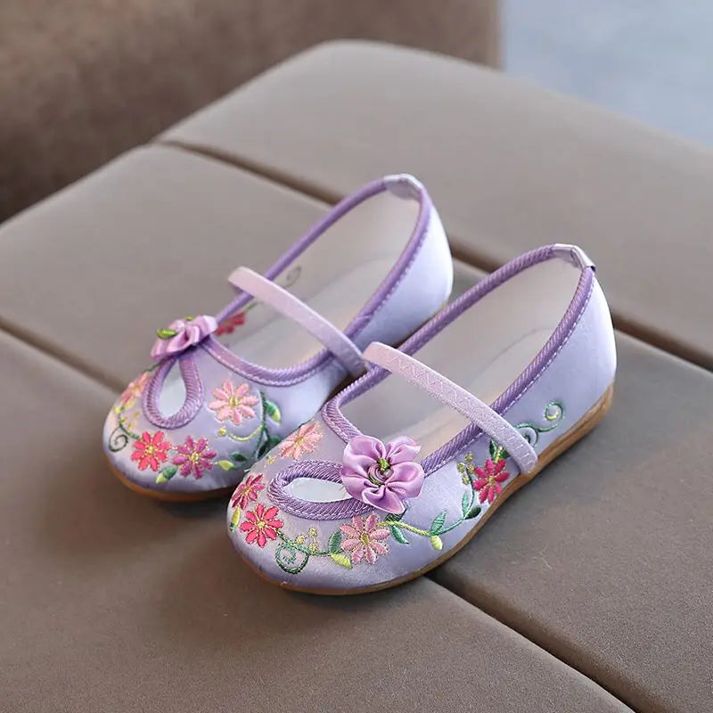 Zapatos planos con bordado floral para niñas, estilo chino, cómodos, protectores para pies, talla 25-34