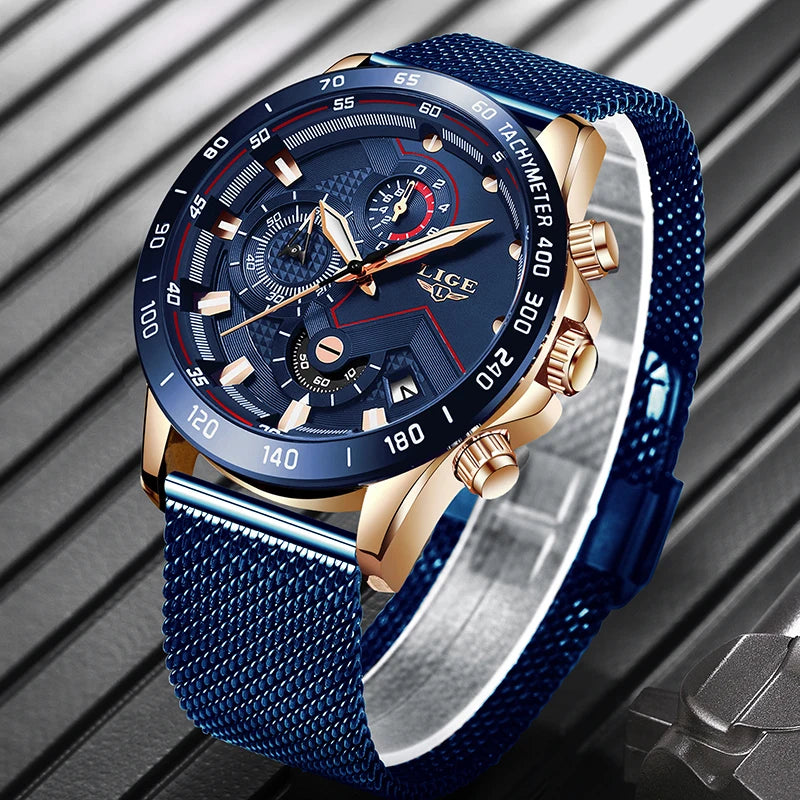 LIGE - Reloj de cuarzo de lujo para hombre, marca superior, moderno, de negocios, con correa de malla, resistente al agua, luminoso, cronógrafo