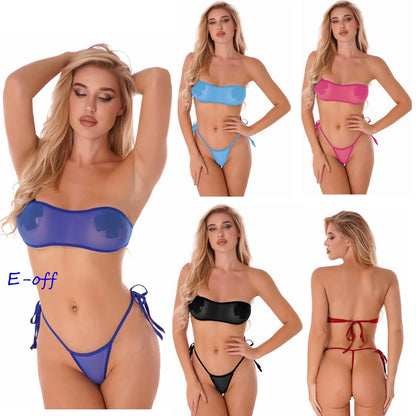 Traje de baño de malla transparente para mujer, conjunto de bikini triangular con microcordones y tanga, traje de baño de 2 piezas, ropa de playa sexy, bikini