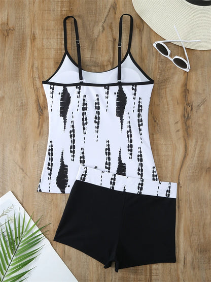 Traje de baño de dos piezas para mujer 2025, nuevo traje de baño liso con estampado de tirantes, tankini de verano, pantalones cortos tipo bóxer de cintura alta, traje de baño de playa para mujer