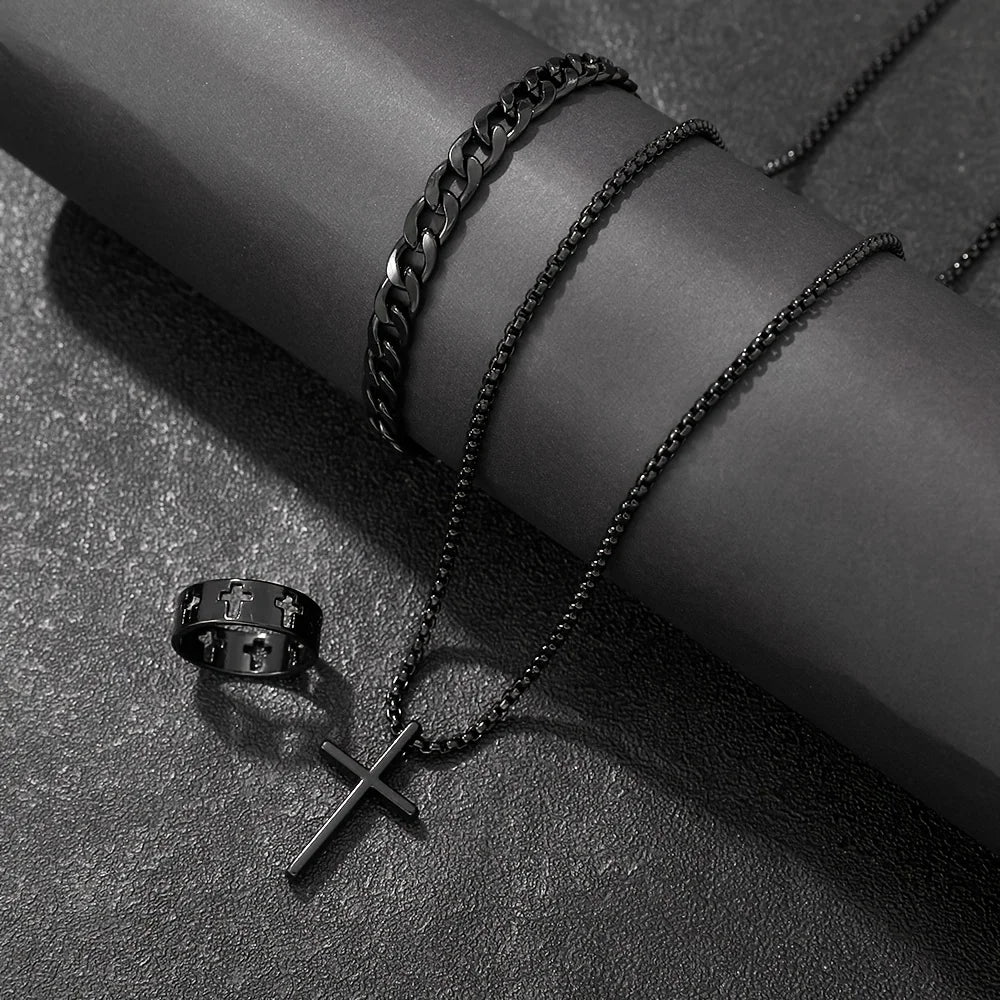 Conjunto de 3 piezas de joyería de aleación de moda para hombre: collar, pulsera y anillo con colgante de cruz.