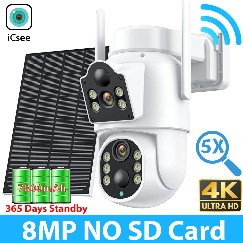 Cámara de seguridad exterior inalámbrica ICSEE de 8 MP, 4K, Wi-Fi, doble lente, 8MP, 4K, solar, con batería de 7800 mAh y 365 días de autonomía en espera.