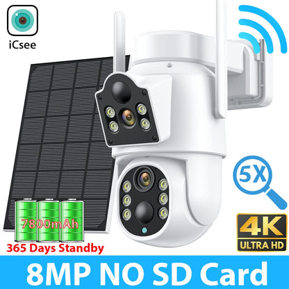 Cámara de seguridad exterior inalámbrica ICSEE de 8 MP, 4K, Wi-Fi, doble lente, 8MP, 4K, solar, con batería de 7800 mAh y 365 días de autonomía en espera.