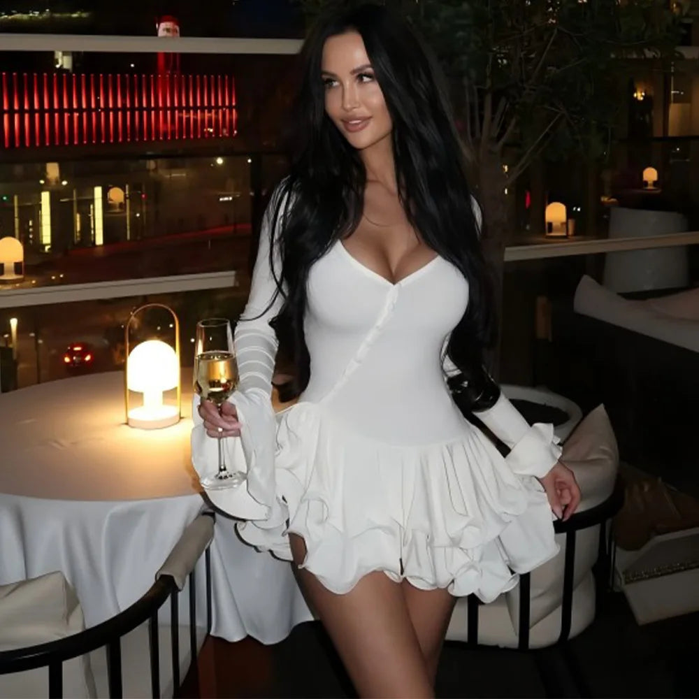 Vestido corto de mujer con volantes, patchwork blanco y negro, manga larga acampanada, encaje y cordones, para fiesta, noche, mini vestido, azul, rosa, rojo.