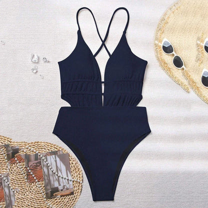 Traje de baño de una pieza sexy de canalé negro sin espalda para mujer 2025, traje de baño cruzado con tiras, traje de baño para bañistas.