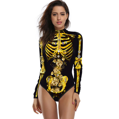 [You're My Secret] Halloween Costume Cosplay Skeleton Print Zenti Bodysuits Carnival Party Jumpsuit Outfit Women Day of The Dead