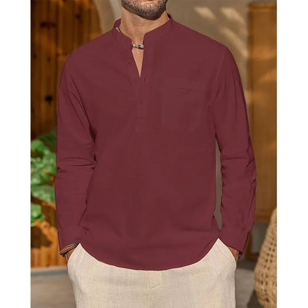 Camisa de manga larga para hombre, de algodón y lino, color liso, cuello Henley, estilo casual y moderno, ideal para el verano. Perfecta para el día a día.