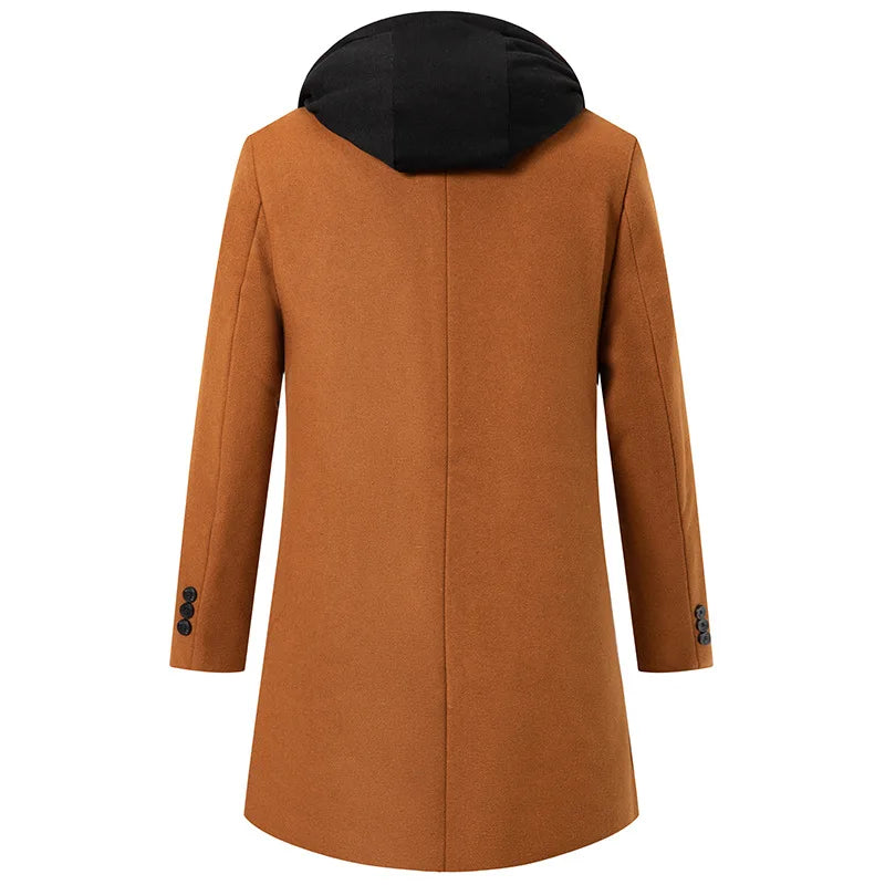 Autumn Winter Men's Wool Trench Coat Fashion Hooded Warm Long Woollen Coats Business Casual Turn Down Collar Woolen Blend Men