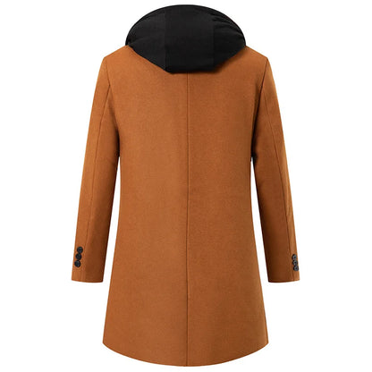 Autumn Winter Men's Wool Trench Coat Fashion Hooded Warm Long Woollen Coats Business Casual Turn Down Collar Woolen Blend Men