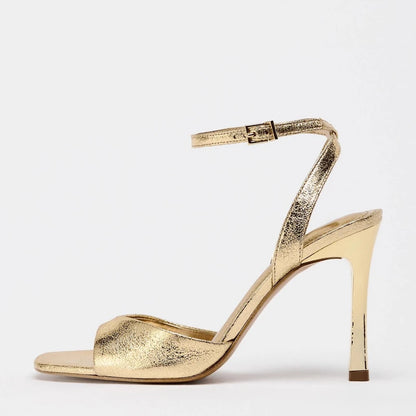 Sandalias de tacón alto con hebilla en el tobillo de charol dorado para mujer, zapatos sexis de punta cuadrada y punta abierta, zapatos de verano a la moda para fiesta y oficina.