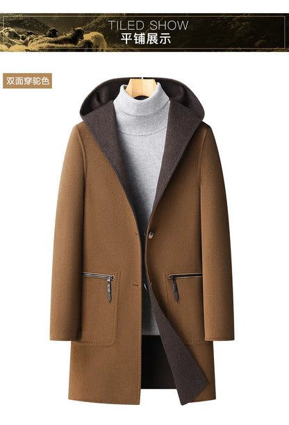 Gabardina de lana de doble faz de lujo y máxima calidad para hombre, estilo otoño-invierno, de largo medio y con capucha.