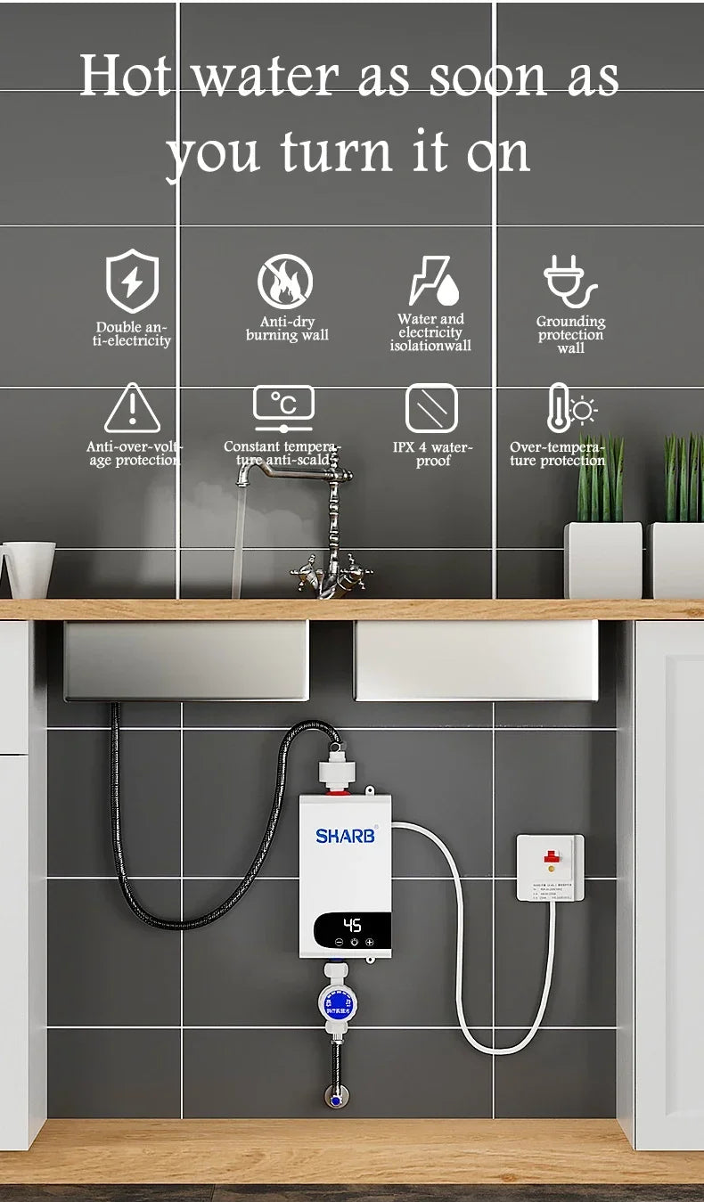Calentador de agua eléctrico instantáneo sin tanque con temperatura constante y pantalla digital. Calentador de agua a demanda.