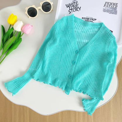 Ropa para niños, cárdigan de punto para niñas, novedad de verano 2025, estilo extranjero, camisa fina con protección solar para bebés.