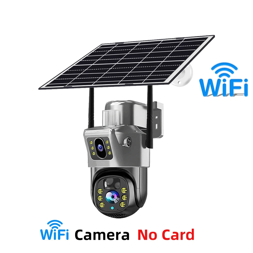 Cámara de seguridad CCTV V380 Pro 4K 8MP con 2 lentes, WiFi 4G, energía solar, visión nocturna PIR para exteriores, IP66, batería de bajo consumo.