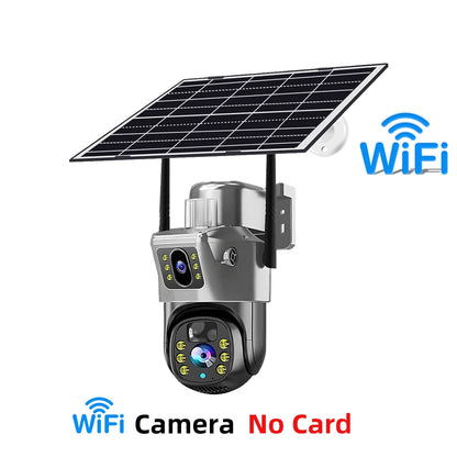 Cámara de seguridad CCTV V380 Pro 4K 8MP con 2 lentes, WiFi 4G, energía solar, visión nocturna PIR para exteriores, IP66, batería de bajo consumo.