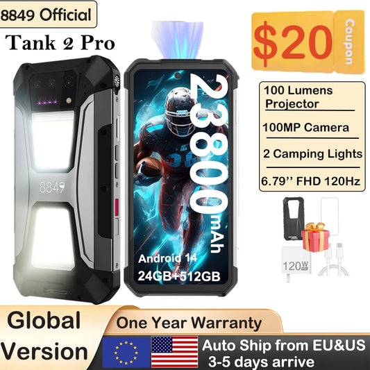 Teléfono inteligente resistente Tank 2 PRO con proyector, Android, pantalla 2.4K, 24 GB de RAM, 512 GB de almacenamiento, cámara de 100 MP, batería de 23800 mAh, carga rápida de 120 W, doble SIM y OTG.