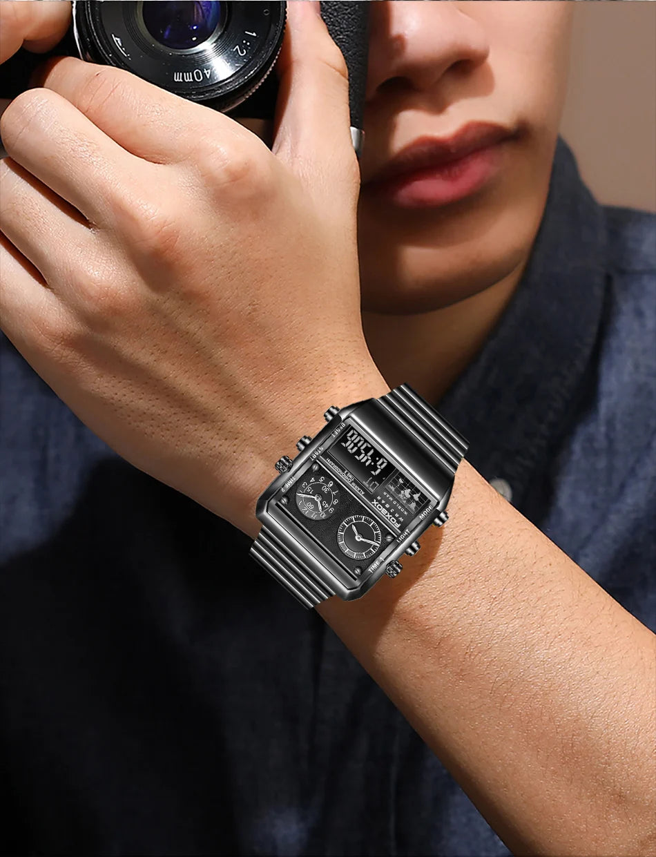 LIGE - Nuevo reloj para hombre, cuadrado, luminoso, deportivo, correa de acero inoxidable, doble pantalla, reloj de pulsera de cuarzo, reloj militar resistente al agua