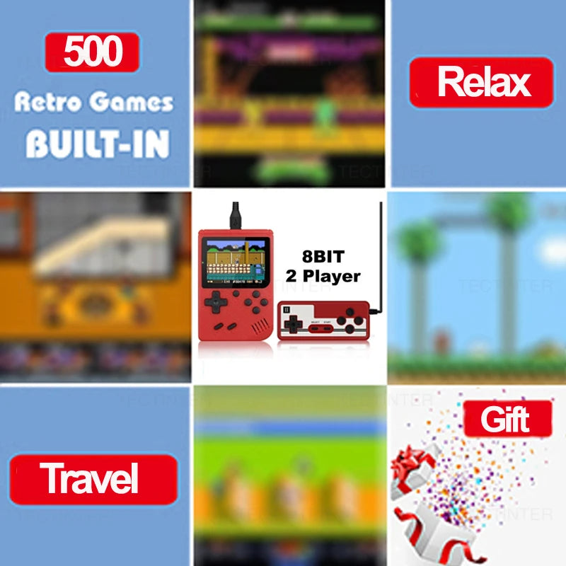 Consola de videojuegos portátil retro de 8 bits con pantalla LCD de 3,0 pulgadas y 500 juegos AV integrados, ideal como regalo para niños.