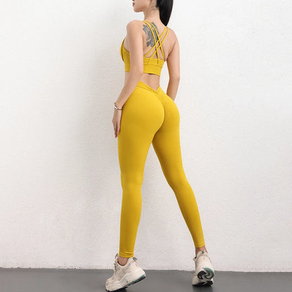 SOISOU Conjunto de yoga de nailon para mujer, chándal deportivo, leggings de gimnasio, sujetador para mujer, almohadilla para el pecho, cadera extraíble en forma de V, ropa para mujer