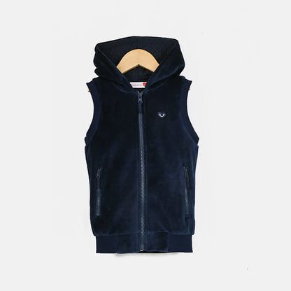 Ropa infantil, chaleco escolar para niño/niña, forro de terciopelo azul marino, chaleco exterior con capucha, cremalleras delanteras y corazón bordado, tops para niños